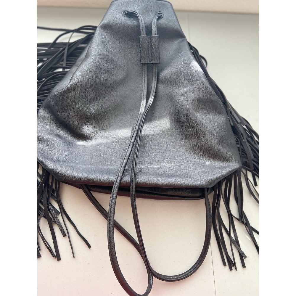 Victoria's Secret Black Fringe Backpack Drawstring Boho Bucket Bag Womens - Picture 3 of 7